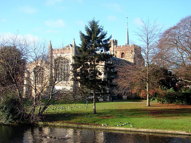 St Mary's Church in Hitchin seen across the River Hiz