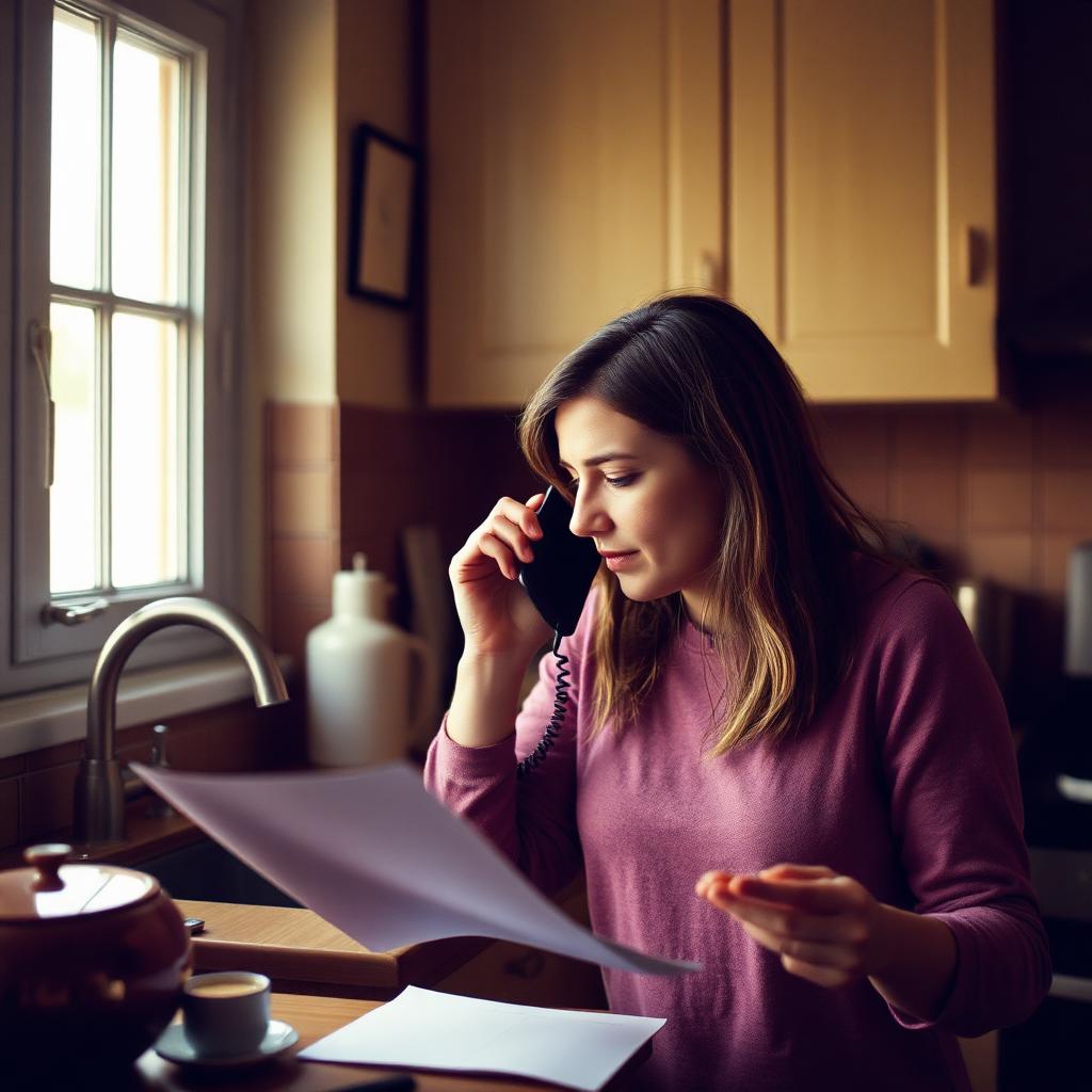 An adult daughter on the phone reading the latest check-in visit note about her parent
