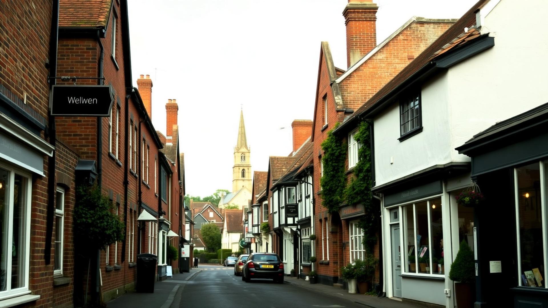 Welwyn village high street with its church spire